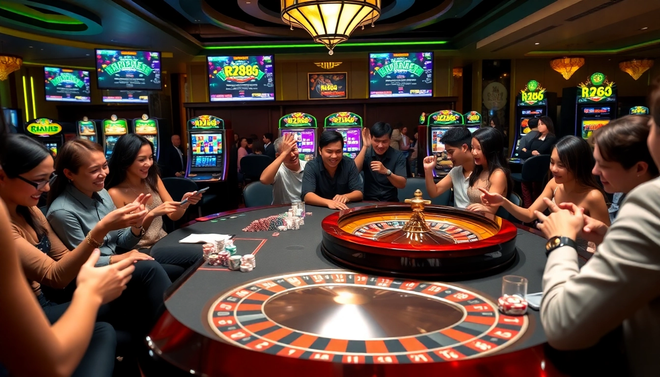 Excited players betting at the rr88 roulette table, capturing the thrill of casino gaming.