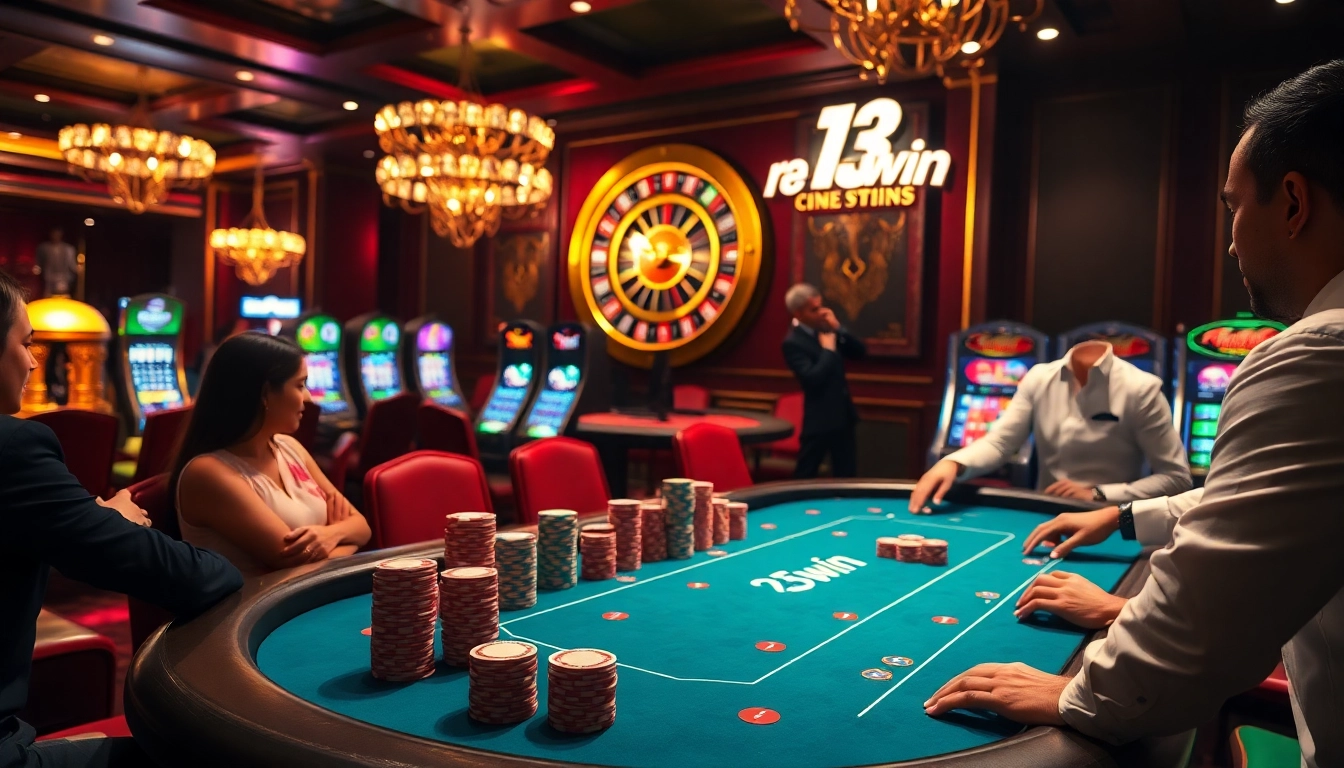 Players engaging in an exciting poker game at 13win casino, showcasing vibrant chips and a dazzling roulette wheel.