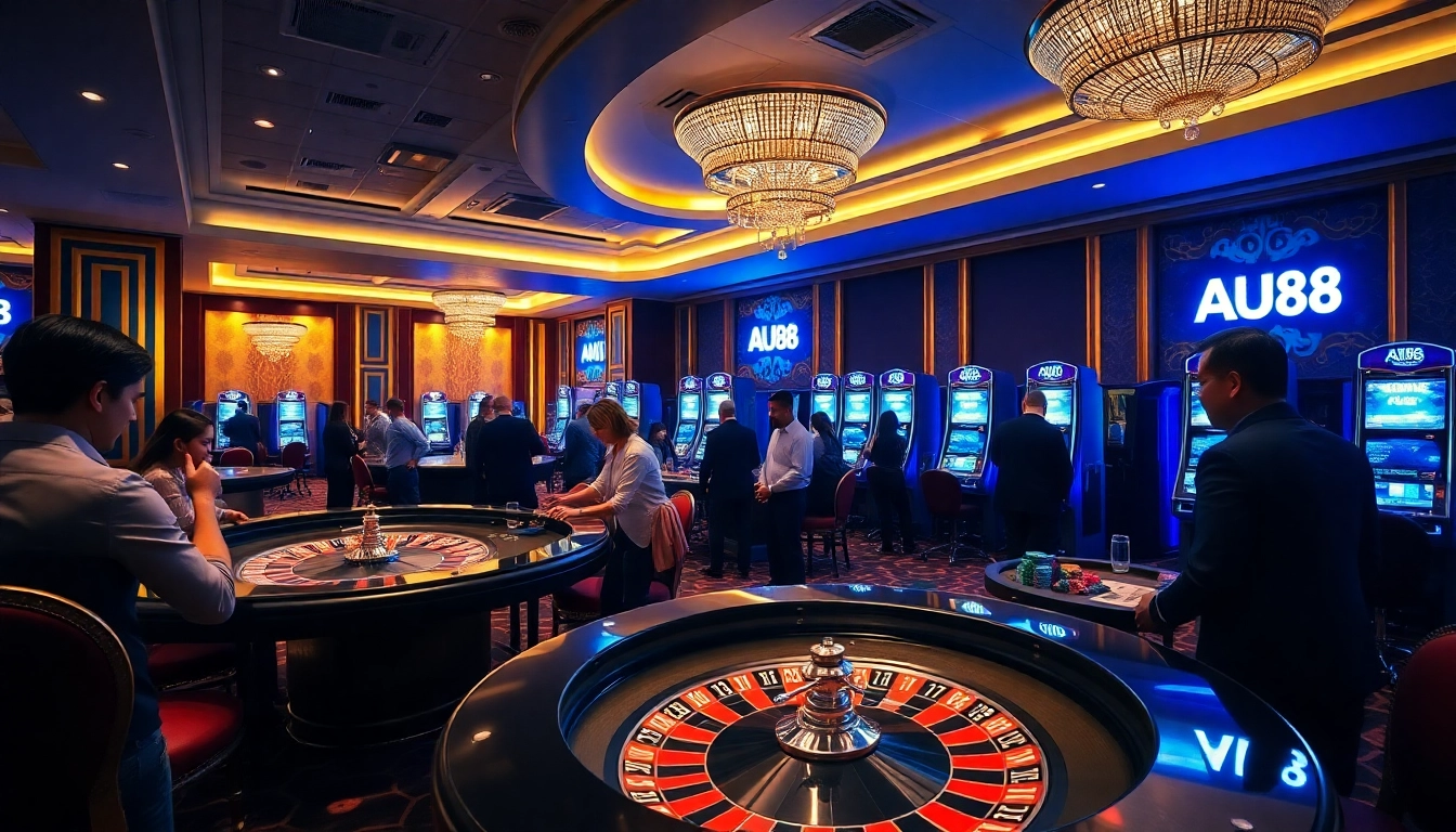 Engaged gamblers at AU88 casino tables, showcasing excitement in a luxurious gambling environment.