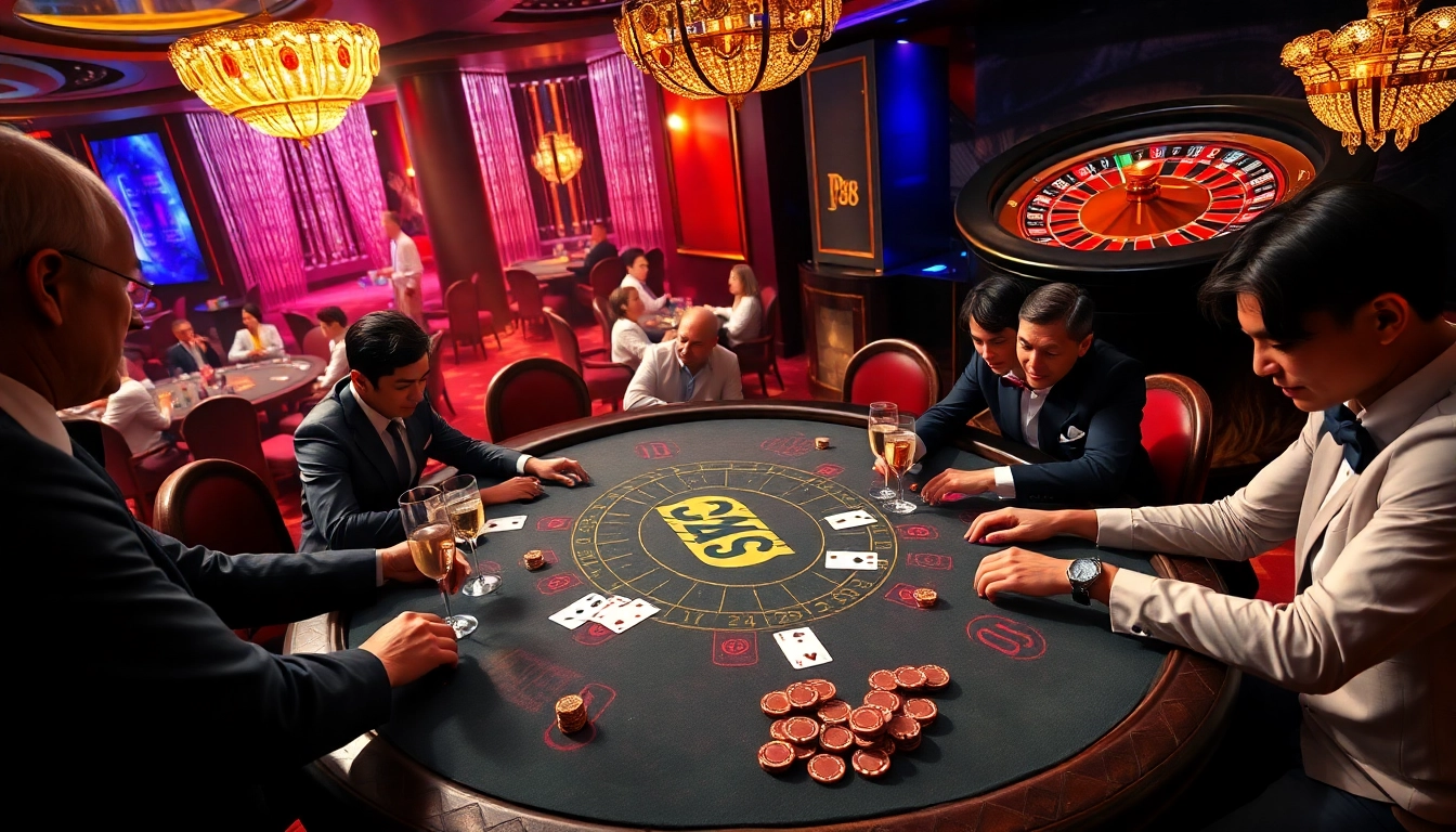 High-stakes poker action at a DA88 casino table with elegant players and luxurious ambiance.