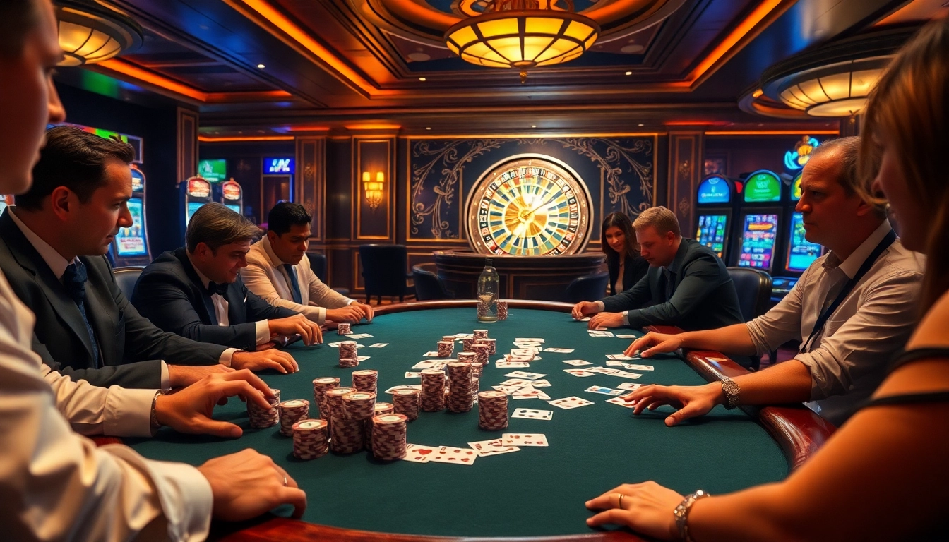 Experience the excitement of mb66 com with a vibrant casino scene featuring poker and roulette.