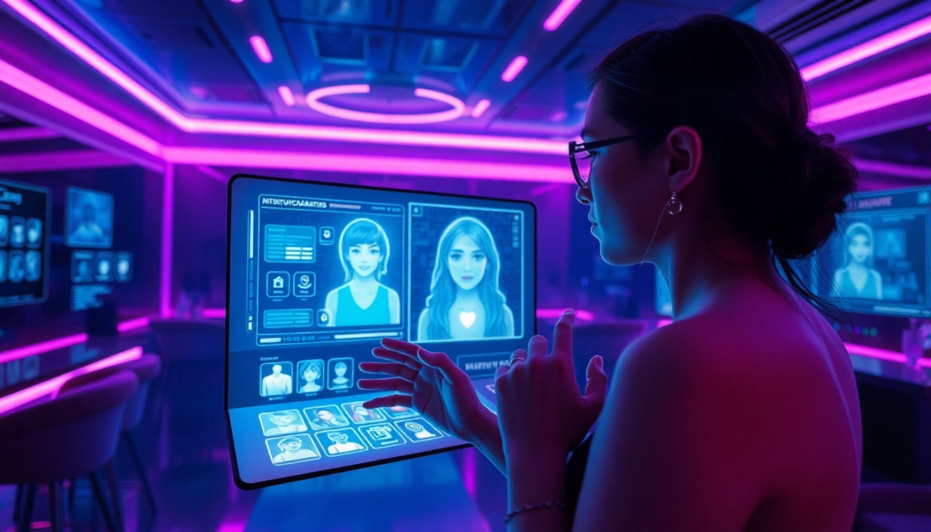 Engaging NSFW AI characters in a futuristic digital lounge, showcasing interactive technology and vibrant ambiance.
