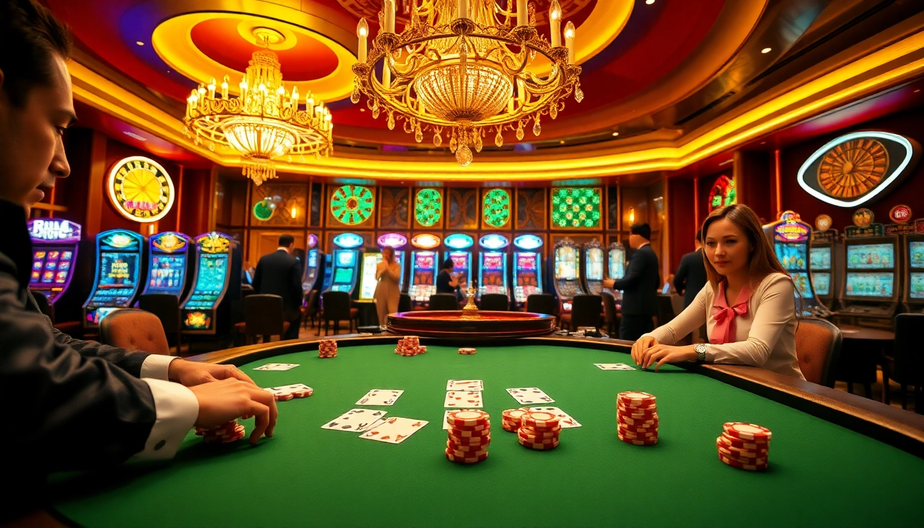 A vibrant casino scene at gg88 showcasing a high-stakes poker game with players focused on winning big.
