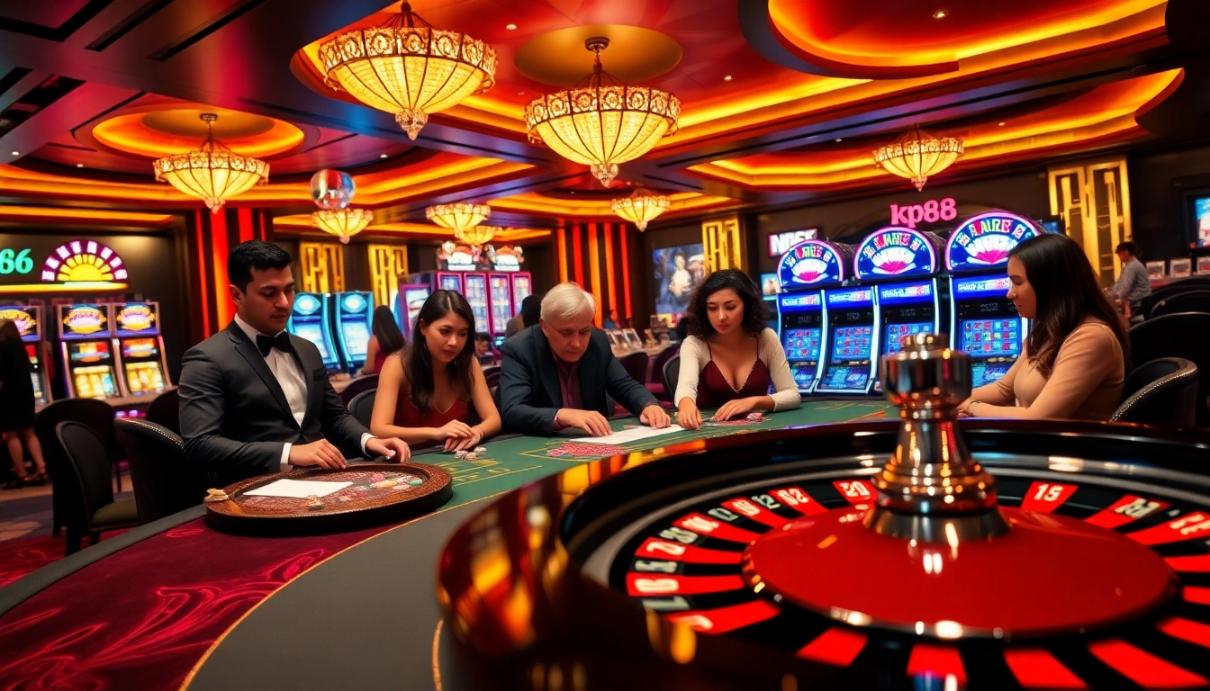 Players enjoying the excitement of KP88 at a luxurious casino table with poker chips and roulette wheel.