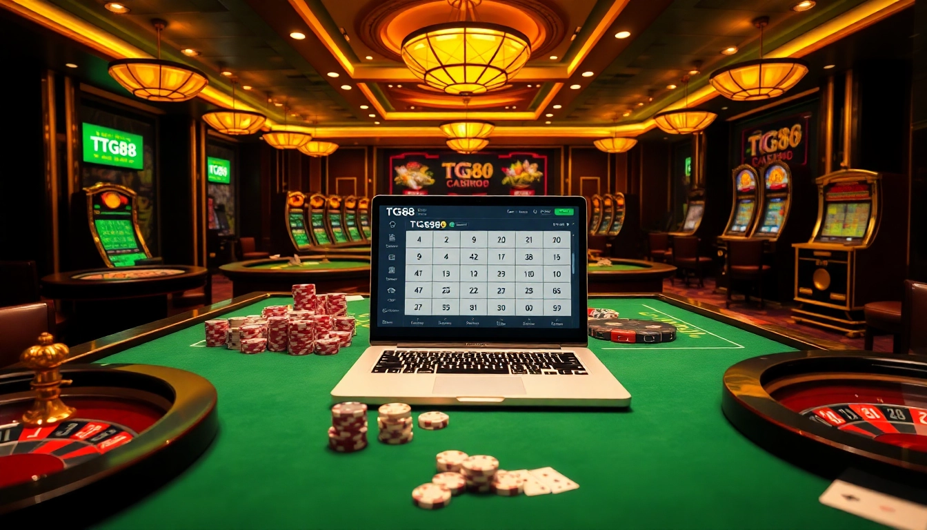 Experience thrilling gameplay with TG88 in a luxurious casino setting featuring roulette and poker.