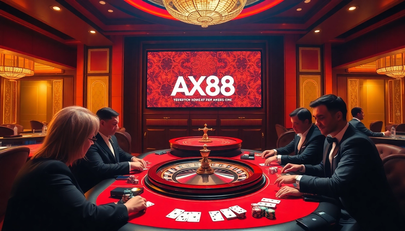 Players enjoying an exciting game at AX88 casino, featuring poker chips and a roulette wheel.