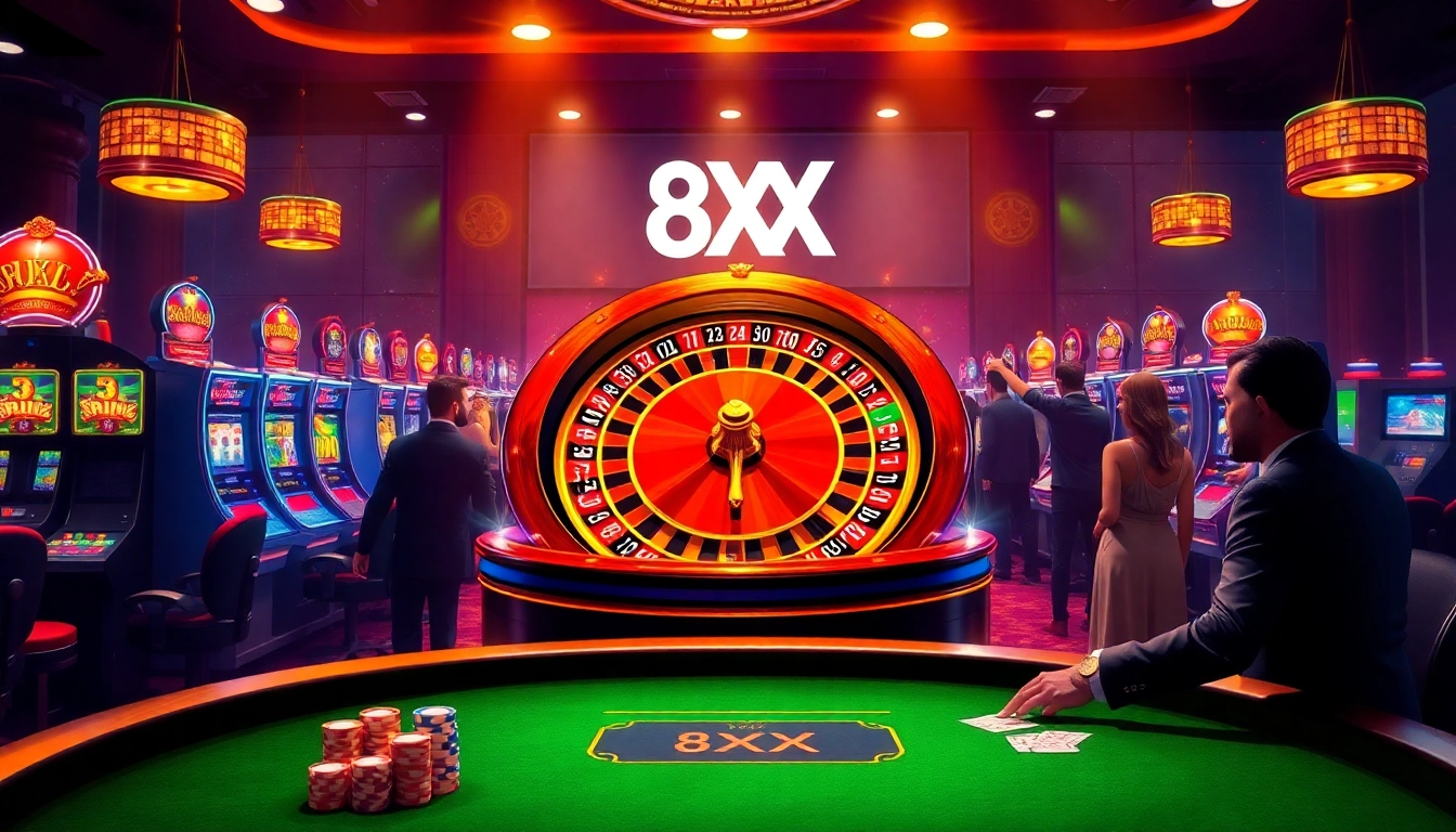Experience the thrill of winning with 8XX at a luxurious casino table full of poker chips and slot machines.