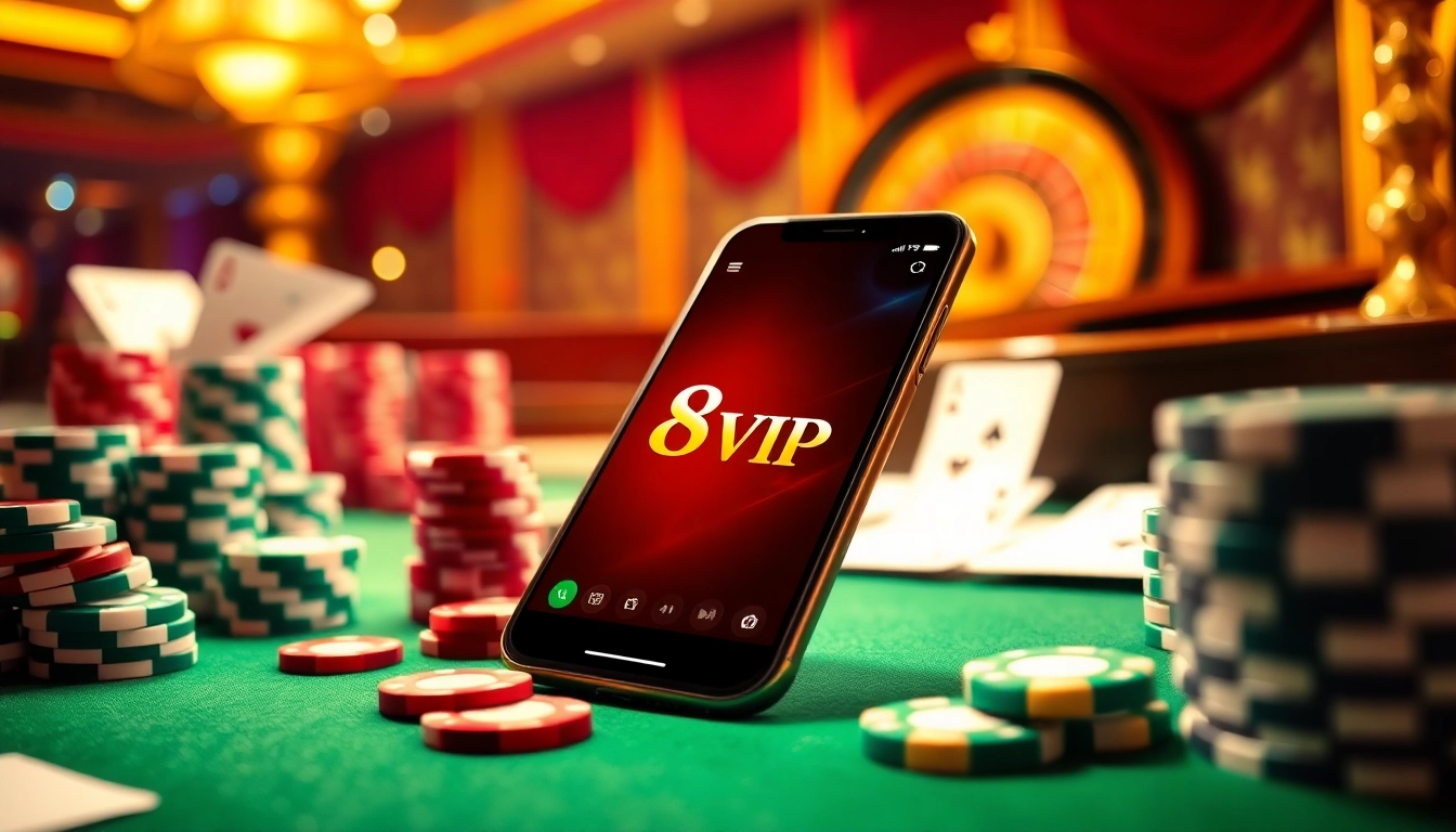 Tải App Nhà Cái 68VIP with a smartphone in a luxurious casino setting filled with poker chips and cards.