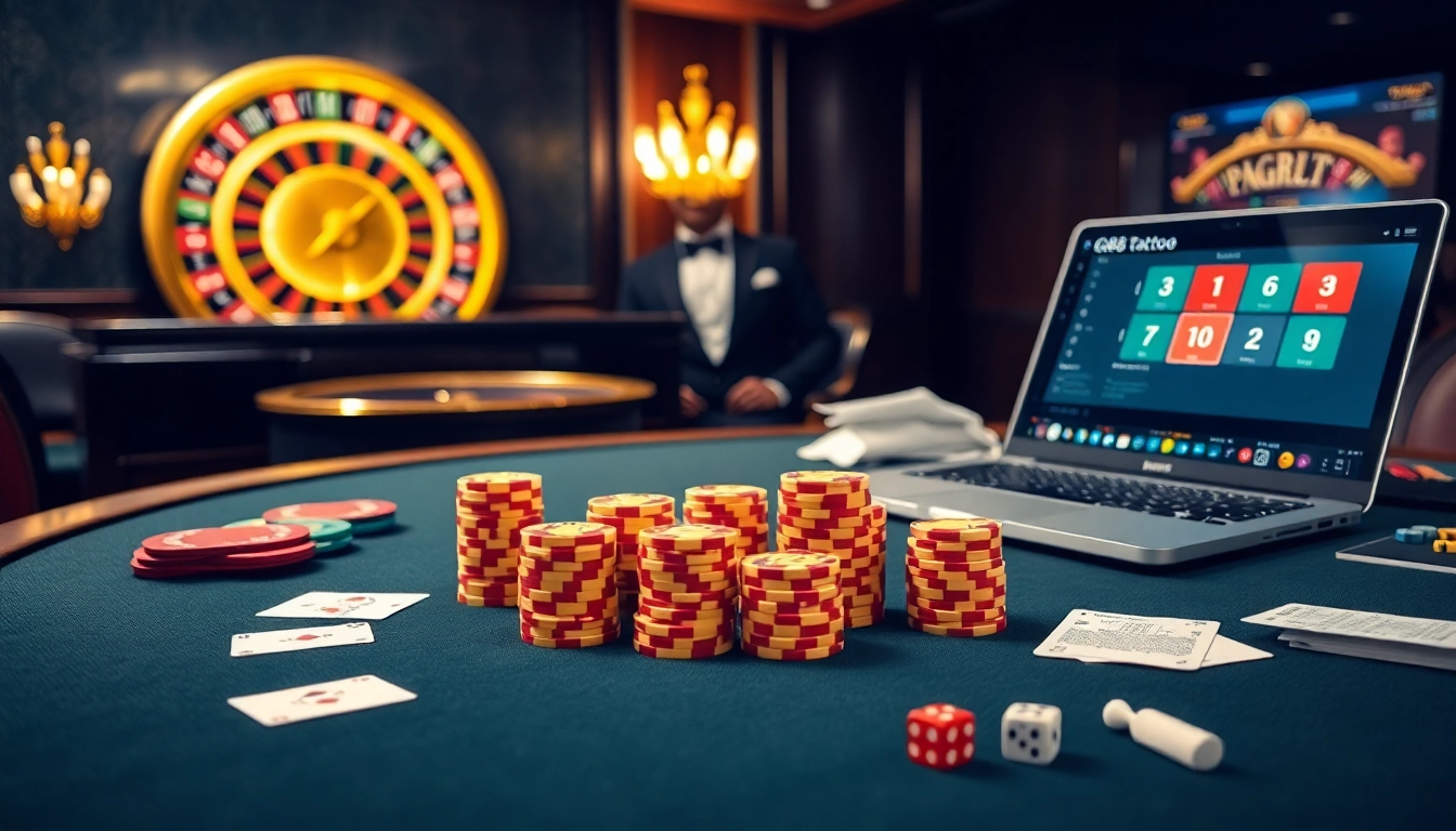 Experience high-stakes gaming at pg88.tattoo with vibrant poker tables, luxury chips, and roulette action.