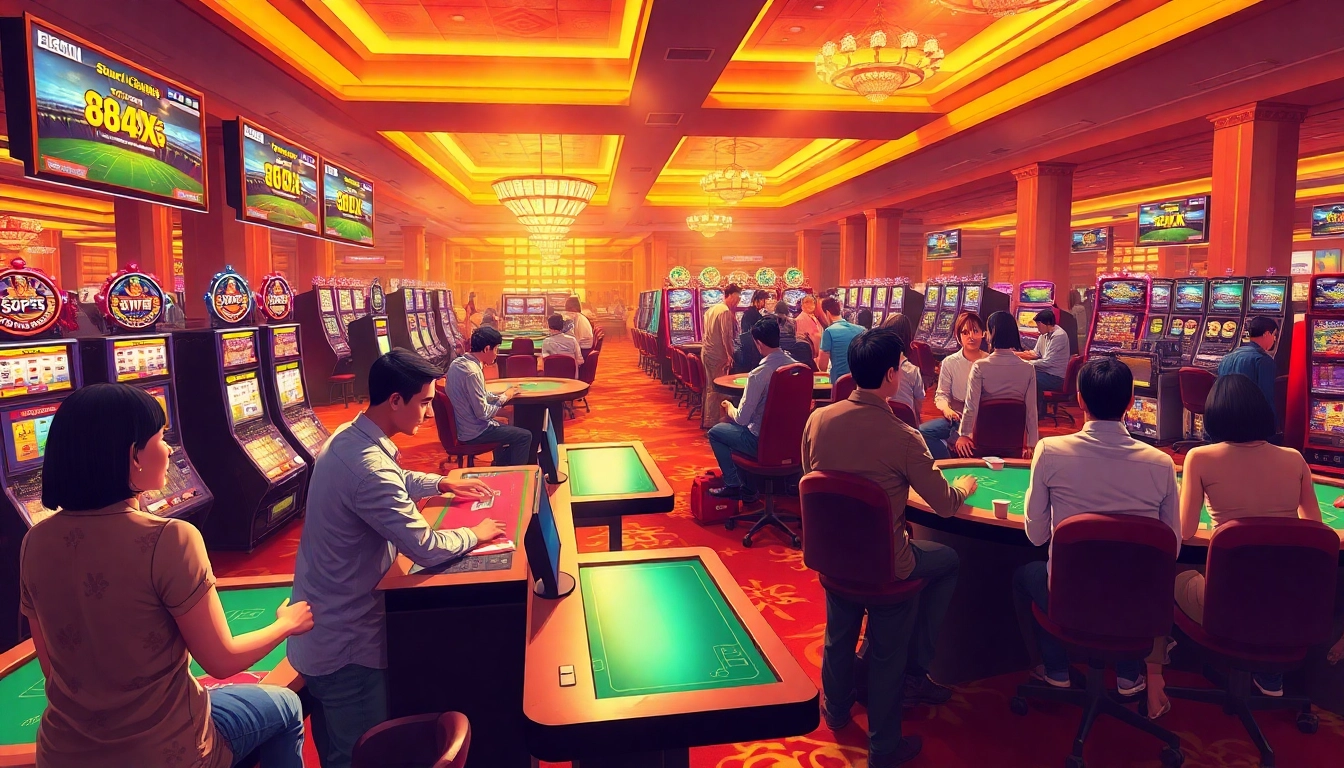 Vibrant scene of players enjoying games at 98win casino, showcasing excitement and community.