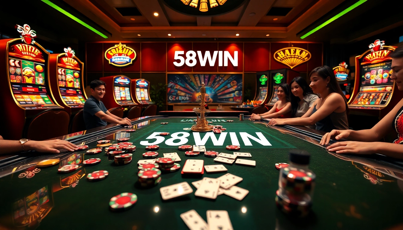 58WIN offers thrilling casino experiences with vibrant games and engaging players at a luxurious online gambling table.