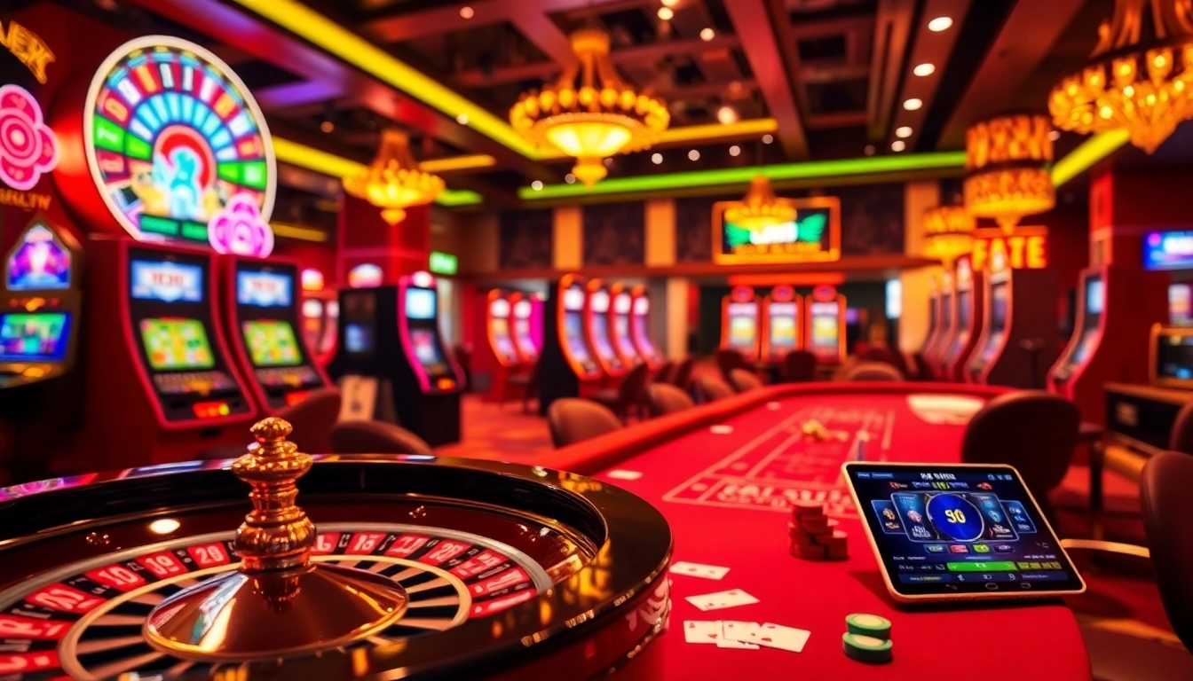 Engage with 68WIN's vibrant casino scene featuring roulette, poker chips, and an online gambling interface.