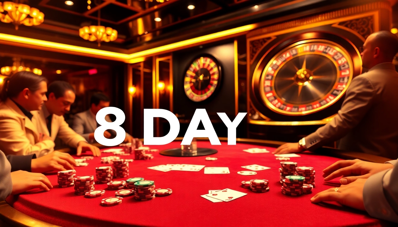 8DAY casino table with vibrant poker chips and cards creating an exciting betting atmosphere.