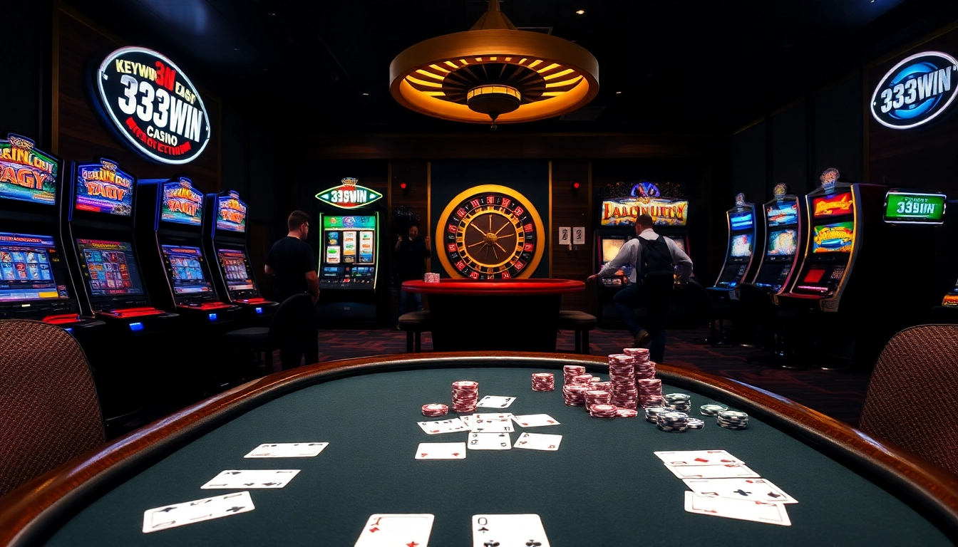 Experience thrilling poker action at 33WIN casino with vibrant chips and high-stakes cards.