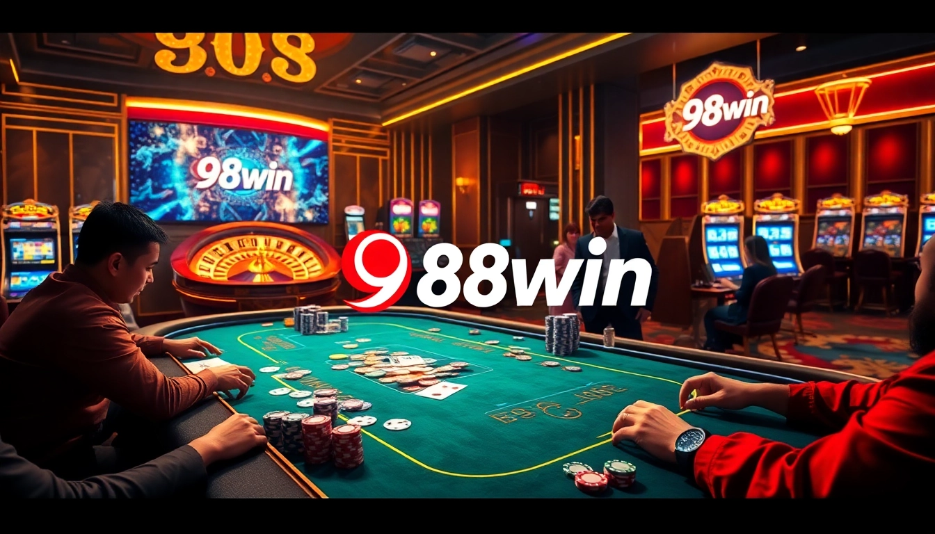 Winning at the poker table in 98win's luxurious casino environment with vibrant chips and cards.