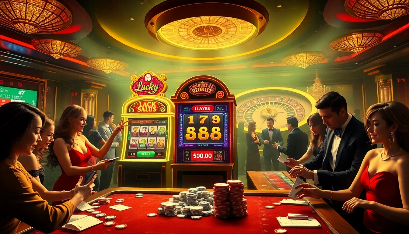 Players celebrating their wins at Lucky88 slot machines in a vibrant casino setting.